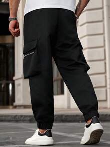 Manfinity Homme Calça cargo casual masculina plus size, cor sólida, com zíper e aba, bolso - Preto - Ver 3