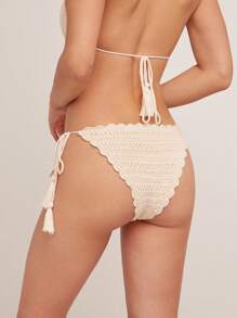 WESTFADE Summer Western Cowgirl Crochet Mid Rise High Cut Tassel Tie Sides Cheeky Bikini Bottoms,Light Beige Autumn Boho Beach Vacation Holiday Rodeo Festival - Beige - View 2