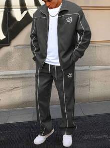 STYNVO Manfinity Streetrush Men Contrast Color Collar Zip-Up Long Sleeve Jacket & Drawstring Long Pants Set Track Suit Men Track Suit Set 2 Pieces Outfit Two Pieces Set Tracksuit, Fall Clothes - Dark Grey - View 5