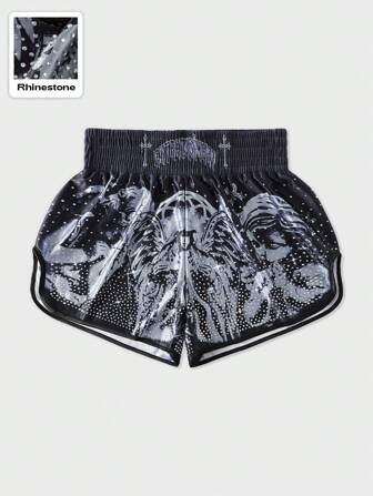 Goth Pantalones cortos de boxeo con diamantes brillantes para hombres, pantalones cortos deportivos