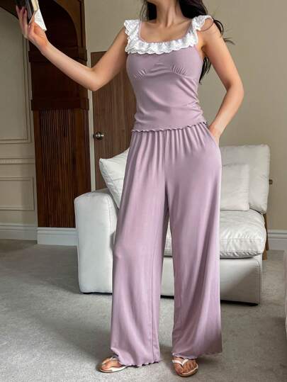 DAZY 浪漫荷叶边领无袖修身上衣搭配直筒睡裤，女士睡衣套装