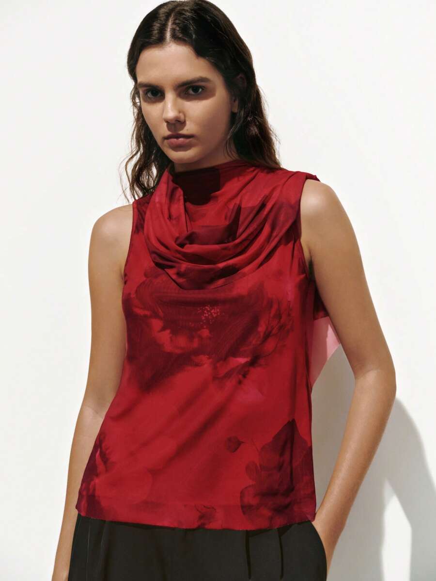 Lumivelle 女士优雅花卉印花网眼荷叶边露背无袖上衣 - 紅色 - 查看 1