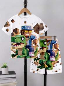 SHEIN Conjunto informal de moda para niño pequeño con camiseta estampada con dinosaurio de dibujos animados y hombre de píxeles, y pantalones cortos a juego - Conjunto coordinado para jóvenes, Traje de 2 piezas para jóvenes adolescentes