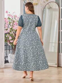 Modelyn Elegant Solid Color Jacquard Splice Chiffon Puff Sleeve A-Line Midi Dress, Plus Size, Spring/Summer - Dusty Blue - View 2
