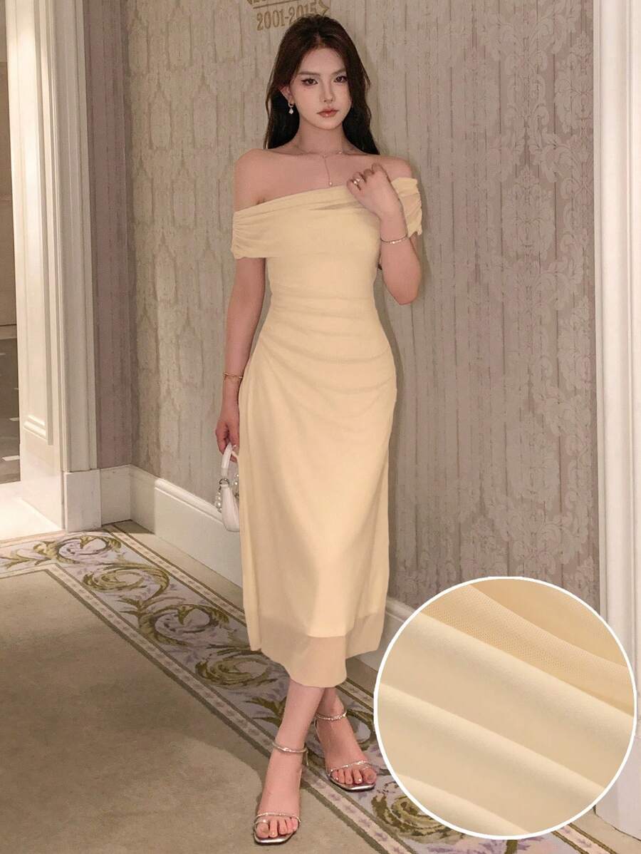 DAZY 女士露肩网纱夏季连衣裙 返校节礼服 婚纱 舞会礼服 优雅女士连衣裙 - 米色 - 查看 1