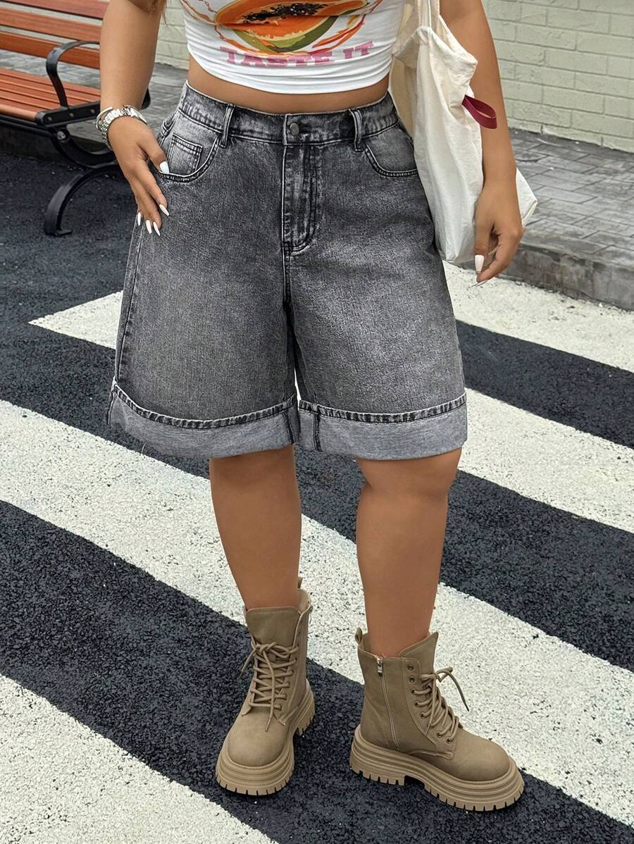 SHEIN ICON Shorts casuales versátiles con puños para mujer de talla grande