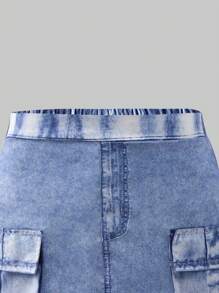 SHEIN Set de 2 piezas para chicas preadolescentes: Top de punto de cuello cuadrado de unicolor y mono con tirantes, talla grande falda mini estilo denim con estampado de teñido anudado en azul, conjunto de verano