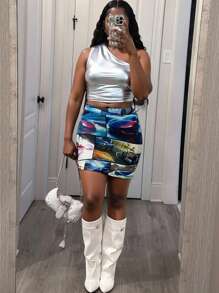 Slaydiva Women One Shoulder Crop Top & Bodycon Skirt Two Pieces Outfits For Daily Wear, Rave - Multicolor - View 10