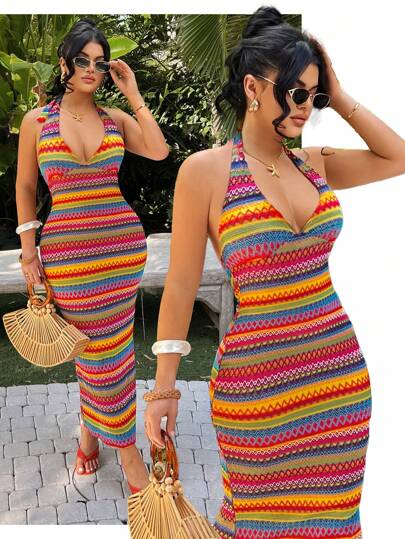 SHEIN SXY Plus Size Women's Vacation Colorful Striped V-Neck Collar Slim Fit Halter Long Dress,Fashionable,Elegance,Sexy,Valentine's Day,Wedding Guest,Vintage,Party,Spring,Gown For Prom Night,Prom,Printemps à été,Going Out,Vintage,رمضان,Spring To Summer,Elegant Dresses For Women,Holiday Dress,Casual Dresses For Women,Valentine's Day,Festival Dress,Spring Outfit Women,Summer Holiday Outfits.Street Style