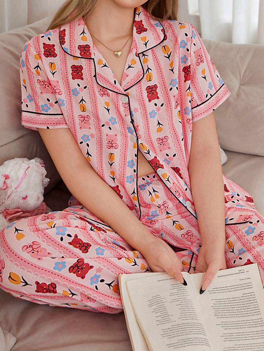 Romantic Bear & Floral Print Ruffle Collar Cardigan Plus Size Pajama Set, Casual Lounge Outfit - Multicolor - View 1