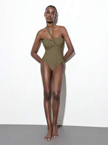 Maija Áo kiểu hở lưng đơn sắc thời trang tối giản thường ngày dành cho nữ, thích hợp mặc hàng ngày và đi nghỉ; Đồ bơi/Trang phục đi biển cho nữ - màu nâu - Xem 1