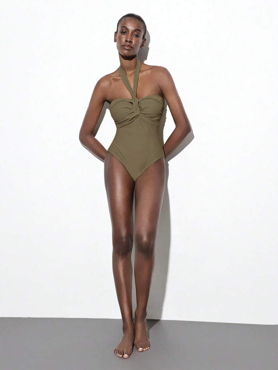 Maija Áo kiểu hở lưng đơn sắc thời trang tối giản thường ngày dành cho nữ, thích hợp mặc hàng ngày và đi nghỉ; Đồ bơi/Trang phục đi biển cho nữ - màu nâu - Xem 1