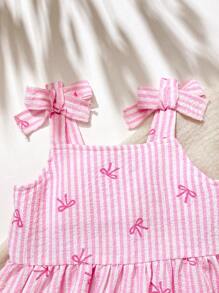 SHEIN Vintaside Kids 2 Pcs Baby Girl Toddler/Newborn 0-3Y Casual Daily Cute Vacation Striped Bow Tank Top + Shorts Set, Spring/Summer - Pink - View 5