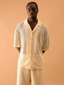 Musero Men Oversized Crochet Knit Button Through Short Sleeve Shirt Spring Summer Vacation Holiday Smart Festival Ibiza - Apricot - View 1