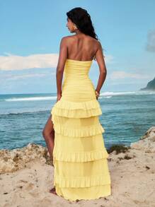 Opulessa 女式纯色针织分层荷叶边开衩修身黄色连衣裙 - 淡黃色 - 查看 2