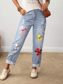 SHEIN Tall 女士休闲度假通勤花卉刺绣做旧修身牛仔裤 - 藍色 - 查看 6