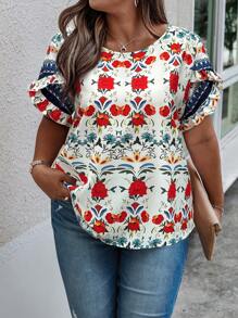 SHEIN Clasi Plus Size Floral Print Round Neck Summer Short Sleeve Frill Trim Casual Blouse - Apricot - View 1