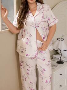 CottageSlumber 花卉印花褶皱领口口袋设计大码女式睡衣套装 - 杏色 - 查看 1