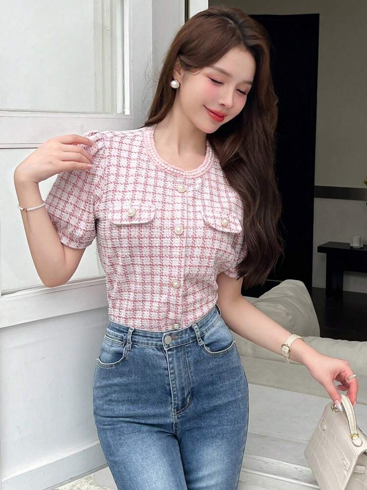 Dazy X KIMYOUJUNG Women Elegant Gingham Bubble Sleeve Shirt For Summer Plaid