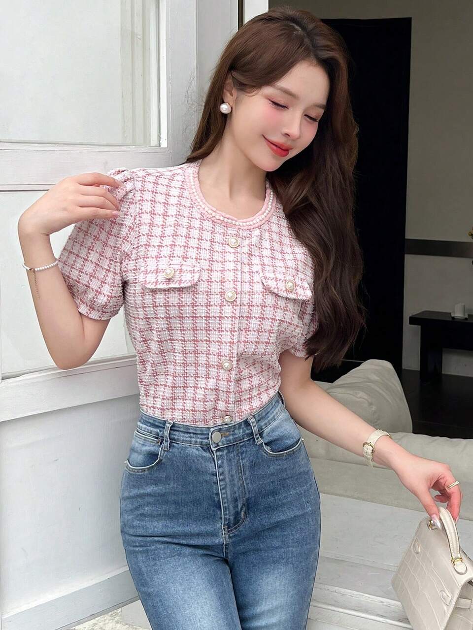 Dazy X KIMYOUJUNG Women Elegant Gingham Bubble Sleeve Shirt For Summer Plaid