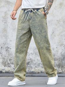 Manfinity Homme Men's Denim Cinched Waist Wide Leg Pants