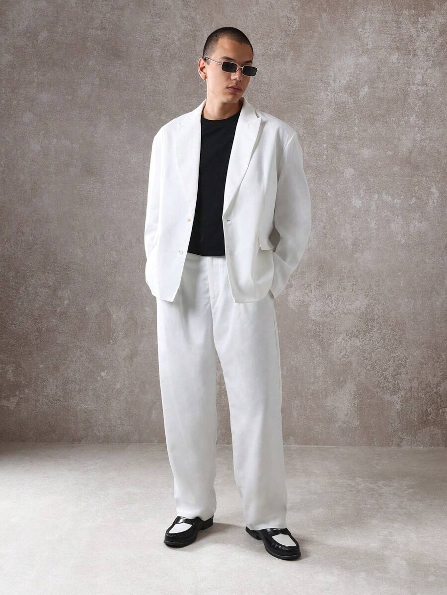SUMWON 亚麻西装套装专业商务正式两件套婚礼西装外套裤子夏季轻便现代阔腿经典日常工作服 - 白色 - 查看 1