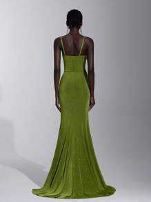 Elitara 优雅绿色细肩带褶饰腰部花卉 3D 装饰美人鱼尾礼服，适合约会、度假、派对、婚礼、毕业典礼、鸡尾酒会、礼服、晚会、婚礼宾客 - 綠色 - 查看 3