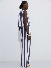 Aveloria Modichic 法式简约时尚休闲海滩度假拼色条纹V领蝴蝶结无袖背心和松紧腰阔腿裤两件套女 - 藍色 - 查看 4