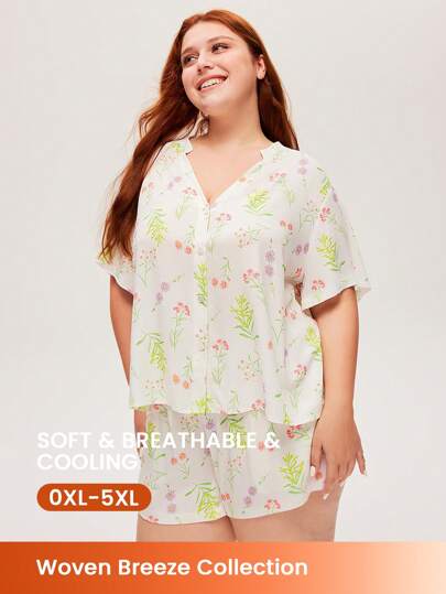 LUVLETTE Plus Soft Rayon Vacation Floral Patterned Short-Sleeve Basic Button-Up Top & Shorts Women Loungewear Airy Pajama Set Wedding Essentials Pants With Pockets Lingerie Bridal Intimates Boxer Set