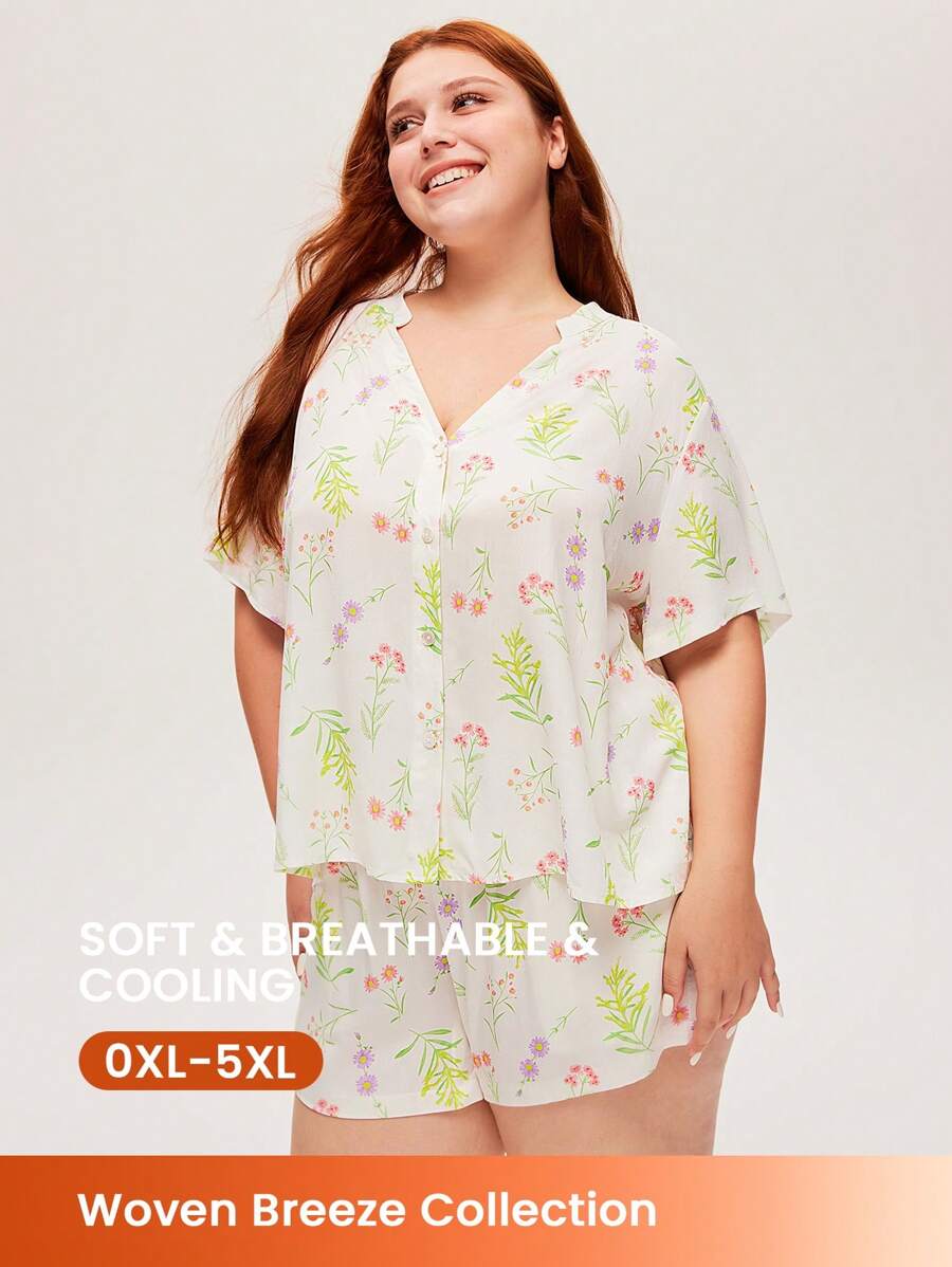 LUVLETTE Conjunto de pijama de mujer con top de manga corta con botones y pantalones cortos con estampado floral en tela de rayón suave, ideal para vacaciones. Pantalones con bolsillos, lencería y ropa interior para novia