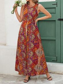 SHEIN Clasi Bộ đồ liền thân in họa tiết resort thanh lịch dành cho nữ có thiết kế xẻ tà, cổ tròn, dài đến mắt cá chân - Nhiều màu - Xem 5