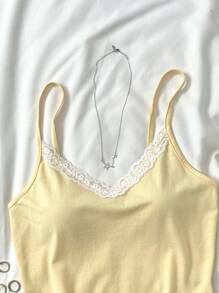 SHEIN 少女黄白蕾丝芭蕾风格吊带背心 - 黃色 - 查看 3