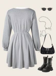 Robe grise en patchwork à manches longues et col rond pour adolescentes, automne hiver - Gris - Voir 2