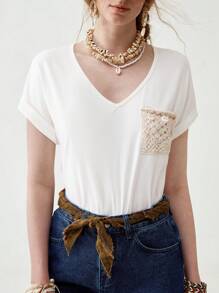Florisole T-shirt ample bohème à col en V à manches courtes, décontracté et polyvalent - Blanc - Voir 5