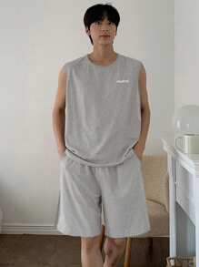 DAZY 男士夏季字母印花浅灰色背心和短裤睡衣套装