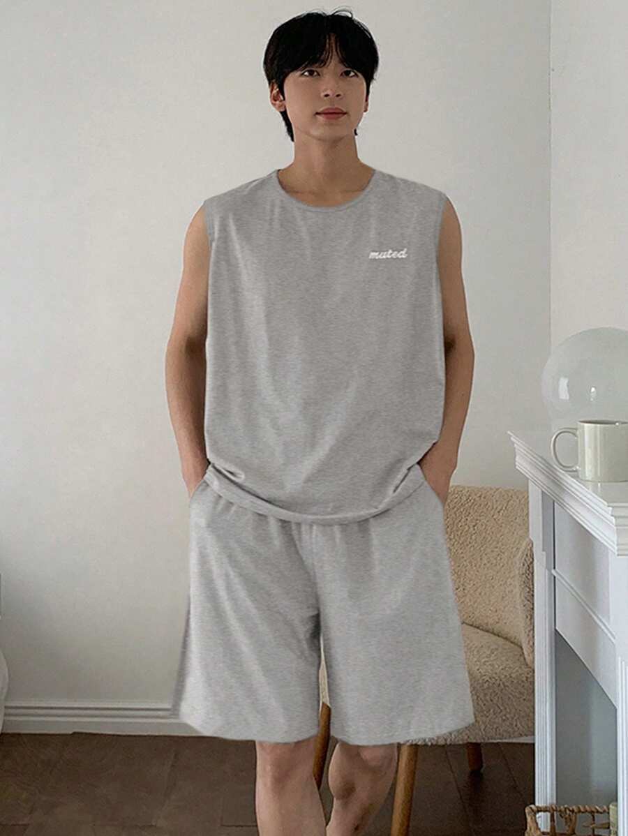 DAZY 男士夏季字母印花浅灰色背心和短裤睡衣套装