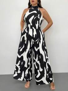 Firerie Plus Size Women's Elegant Holiday All-Over Print Sling Pocket Wide Leg Jumpsuit/Valentine's Day/Concert/Performance Costumes/Dating/Senior Banquet/Dance/Wedding Season/Sexy/Elegant/Commuting/Back To School Season/Vacation/Beach/Elegant Romance/Office Enchantress/Siren Style/Birthday Party Outfits/Boho