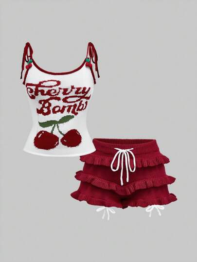 Kawaii Ensemble de 2 pièces pour femme : Débardeur en jacquard cerise et jupe étagée volantée