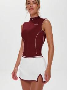 Musera Sport 立领撞色滚边拉链无袖背心，适合运动健身、返校季穿着 - 酒紅色 - 查看 2