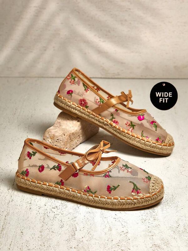 SHUZIA Women Wide Fit Espadrille Flower Embroidery Mesh Bow Maryjane Flats