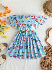 年轻女孩休闲可爱针织蓝色卡通蝴蝶图案短袖连衣裙 - 藍色 - 查看 7