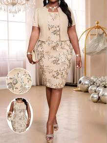 Fleurora 春夏优雅通勤办公室休闲波西米亚风休闲外出彩色编织铅笔长袖撞色亮片中长短袖大码套装女士夏季服装商务休闲女士办公室服装女士生日服装女士生日服装工作服女士节日服装两件套夏季套装女士服装夏季节日音乐会 - 卡其色 - 查看 8