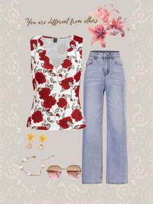 Ellevyn Women's Boho Floral Print V Neck Sleeveless Polyester Cami Top - Regular Length Scalloped Hem - Multicolor - View 2