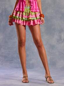 MUSERA Váy ngắn xếp tầng họa tiết Paisley tương phản, phong cách mùa hè Ibiza, Y2K, cô nàng sành điệu, lễ hội, tiệc tùng, kỳ nghỉ, câu lạc bộ, dễ thương, mùa thu, mùa đông, tiệc tùng, lễ hội hóa trang. - Nhiều màu - Xem 4