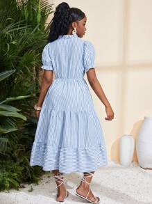 SHEIN Váy đi biển dáng chữ A rộng rãi, họa tiết Bohemian sọc xanh trắng thường ngày cho bé gái tuổi teen, thích hợp mặc đi nghỉ, đi biển, mặc hàng ngày - Xanh và trắng - Xem 2