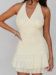 Roylia Women's Elegant, Stylish V-Neck Sleeveless Ruffle Hem Bodycon Mini Dress - Apricot - View 8