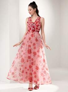 Modelyn Women's Elegant Summer Pink Floral Maxi Dress,V-Neck Sleeveless Wedding Ninang Gown,3D Floral Appliques Pearl Accents Woven Textured Flared Hem Dress - Multicolor - View 3