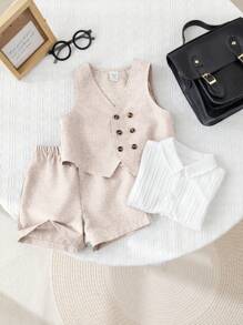 Bộ 2 món/bộ quần áo vest và quần short phong cách Hàn Quốc giản dị cho bé mới biết đi màu xám, thích hợp cho tiệc sinh nhật, lễ cưới, tiệc mừng em bé - Màu Khaki - Xem 8