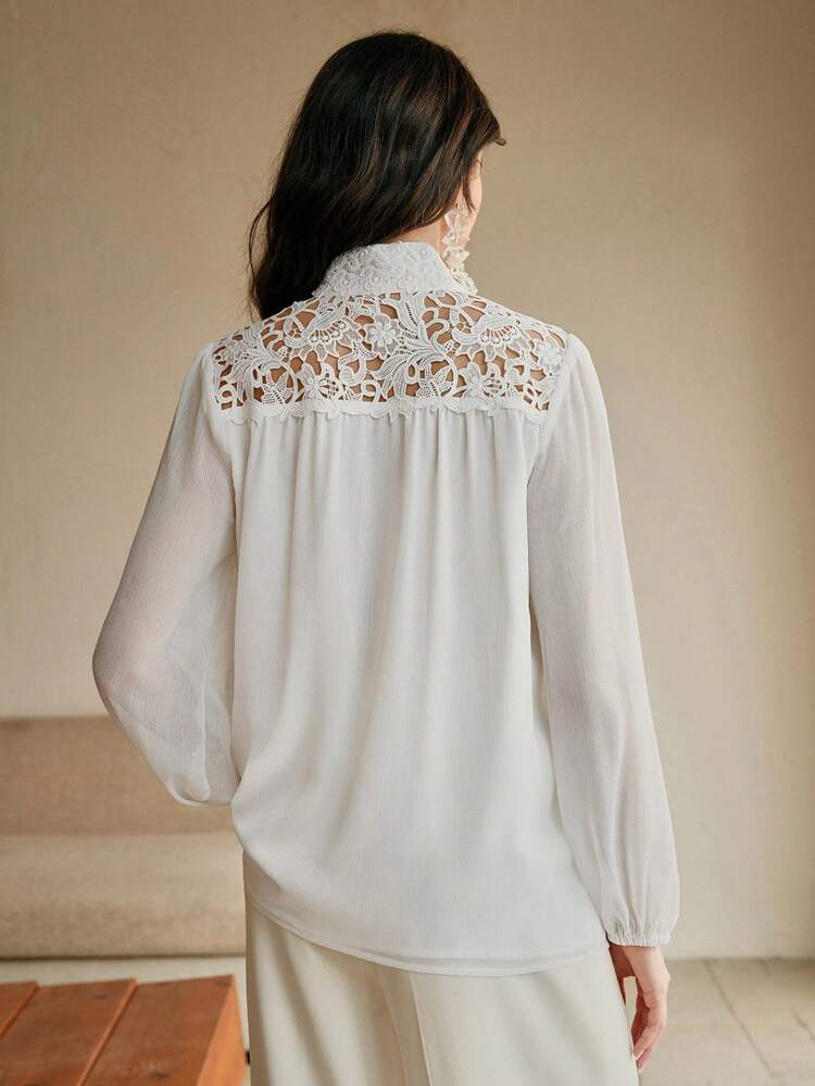 Women's Chiffon & Lace Patchwork White Blouse, New Elegant Long Sleeve Shirt For Spring, Festival, Holiday, Vacation, Beach, Elegant