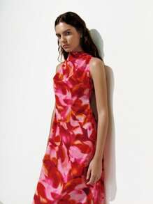 Lumivelle Hooded Sleeveless A-Line Floral Print Dress For Women - Red - View 6